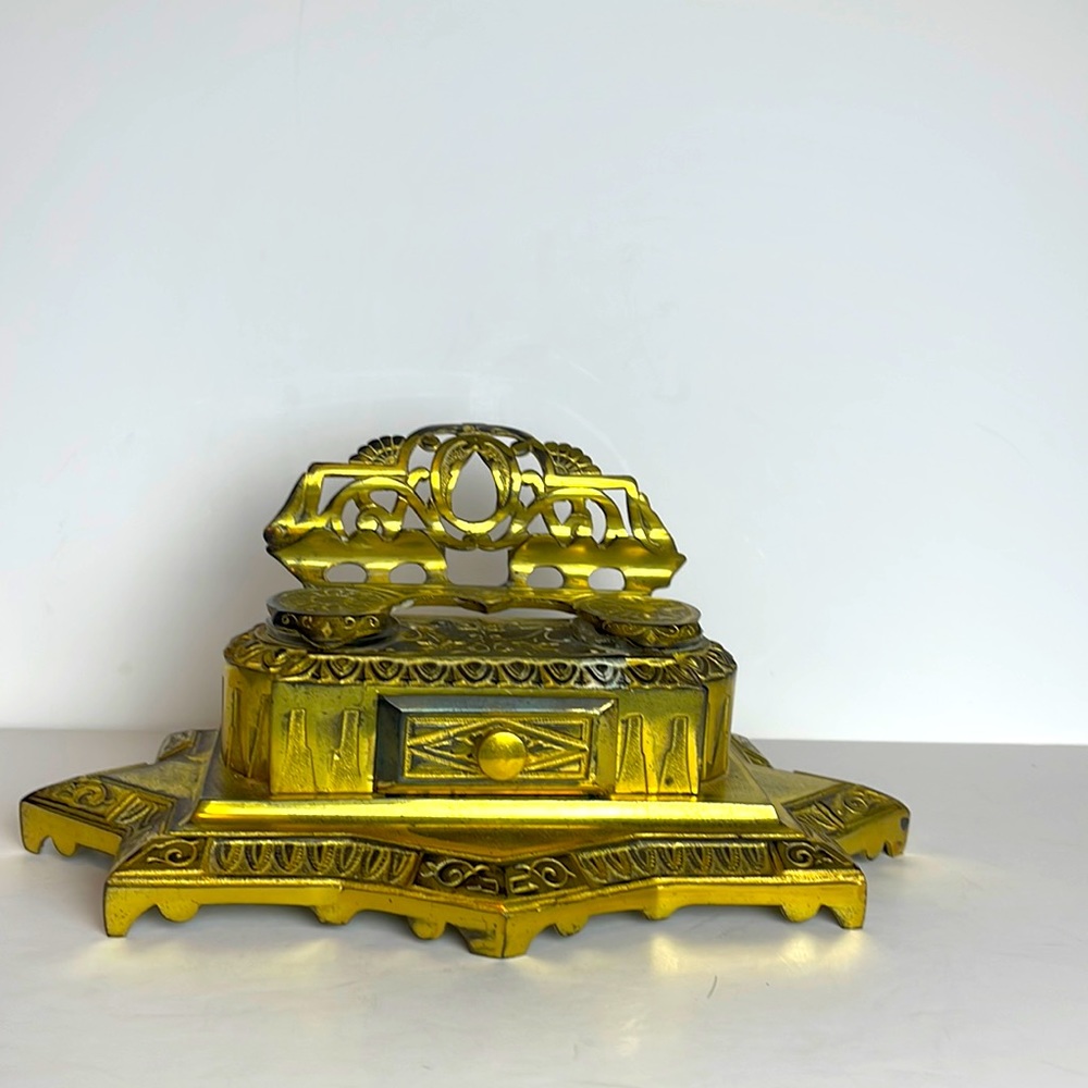 Vintage Mid Century Solid Brass Double Inkwell and Pen Holder